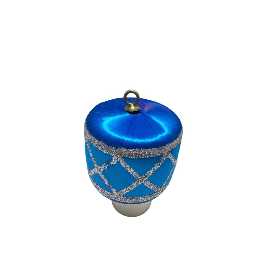 Vintage Pyramid Satin Drum Glitter Xmas Ornament Blue with Silver Glitter